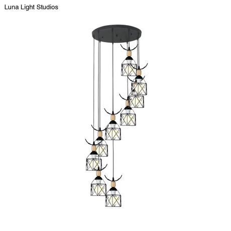Modernist Black Hexagon Cage Pendant Lamp With Spiral Design - Metal Multiple Hanging Light