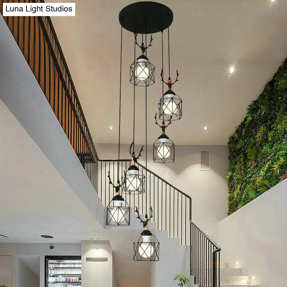 Modernist Black Hexagon Cage Pendant Lamp With Spiral Metal Design