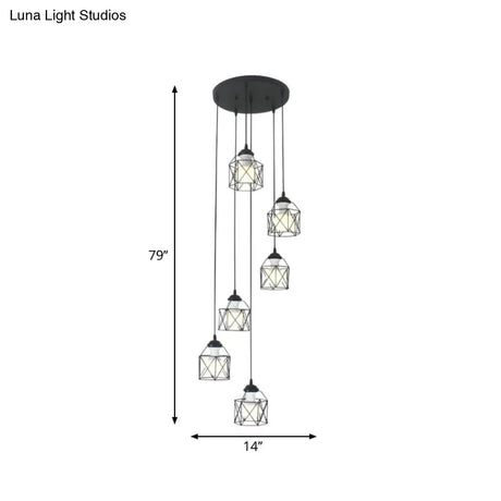 Modernist Black Hexagon Cage Pendant Lamp With Spiral Design - Metal Multiple Hanging Light