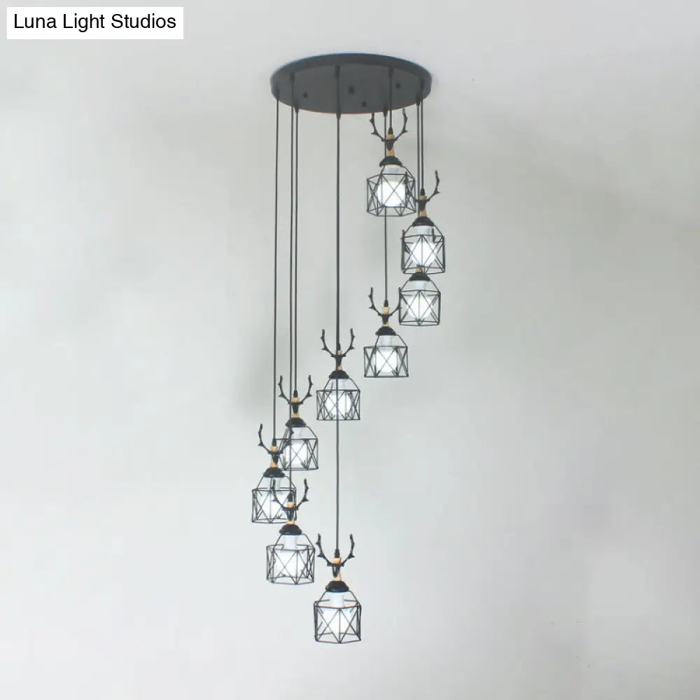 Modernist Black Hexagon Cage Pendant Lamp With Spiral Design - Metal Multiple Hanging Light