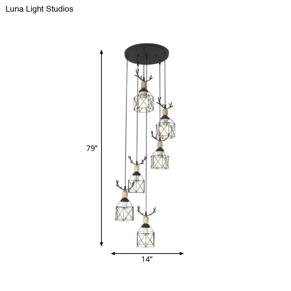 Modernist Black Hexagon Cage Pendant Lamp With Spiral Design - Metal Multiple Hanging Light