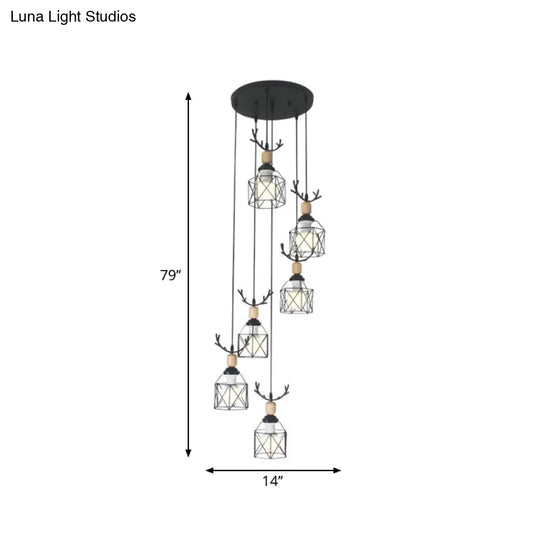 Modernist Black Hexagon Cage Pendant Lamp With Spiral Design - Metal Multiple Hanging Light