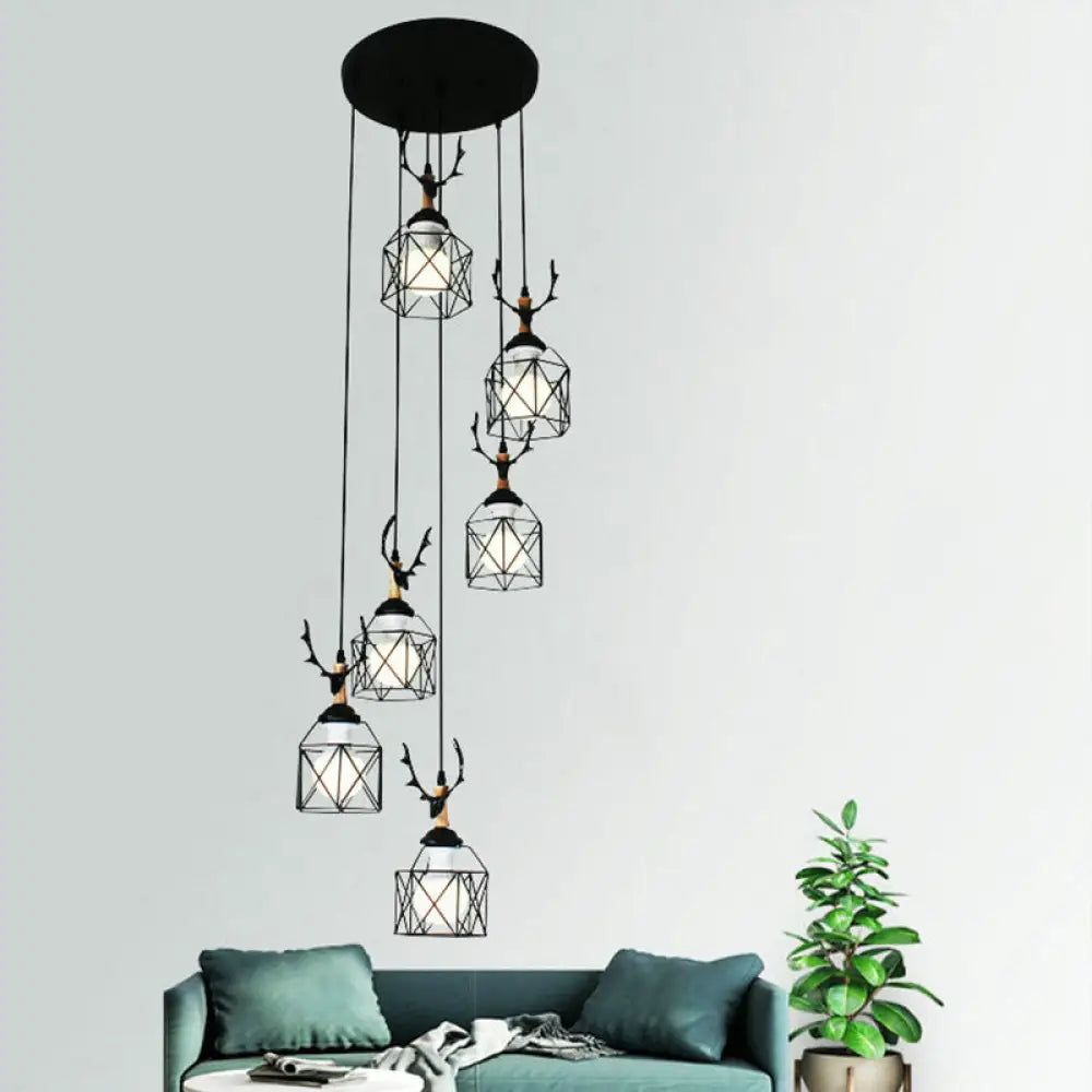 Modernist Black Hexagon Cage Pendant Lamp With Spiral Design - Metal Multiple Hanging Light 6 / C