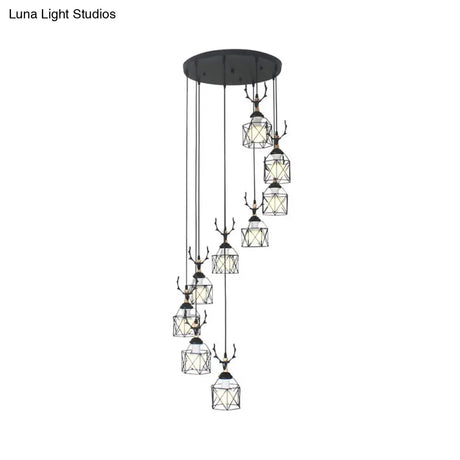 Modernist Black Hexagon Cage Pendant Lamp With Spiral Design - Metal Multiple Hanging Light