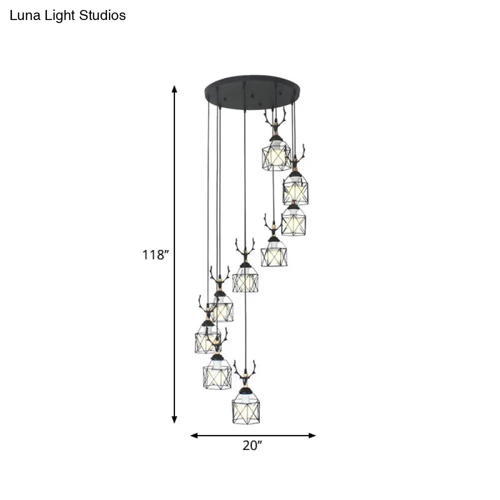 Modernist Black Hexagon Cage Pendant Lamp With Spiral Metal Design