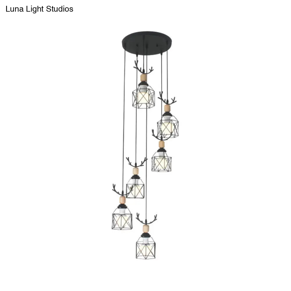 Modernist Black Hexagon Cage Pendant Lamp With Spiral Design - Metal Multiple Hanging Light
