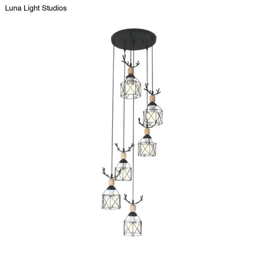 Modernist Black Hexagon Cage Pendant Lamp With Spiral Design - Metal Multiple Hanging Light