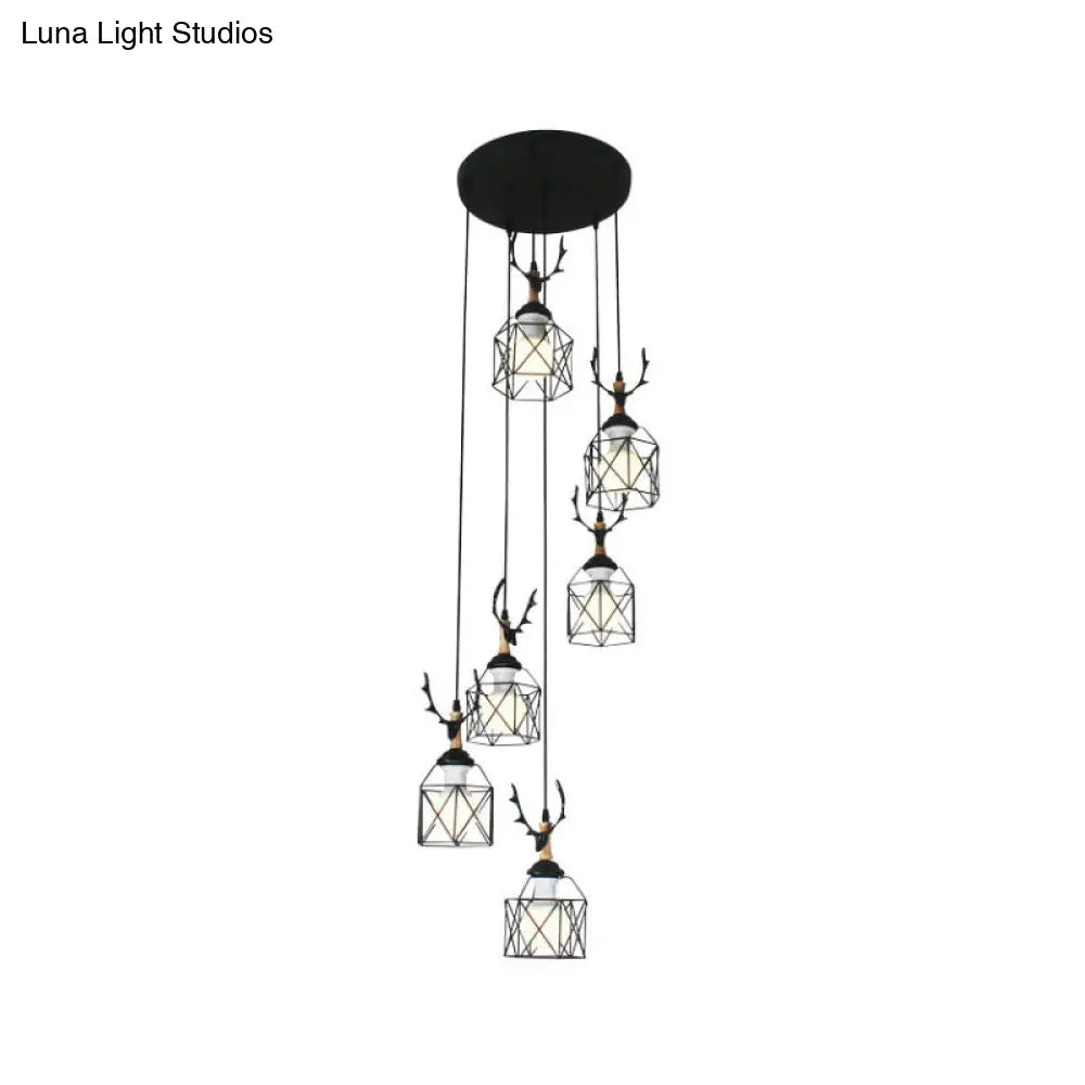 Modernist Black Hexagon Cage Pendant Lamp With Spiral Metal Design