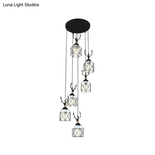 Modernist Black Hexagon Cage Pendant Lamp With Spiral Metal Design