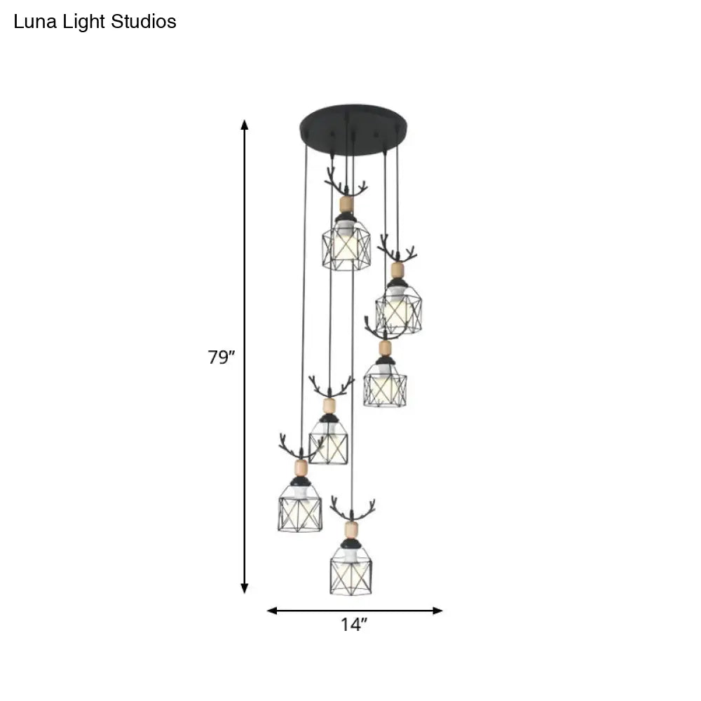 Modernist Black Hexagon Cage Pendant Lamp With Spiral Metal Design