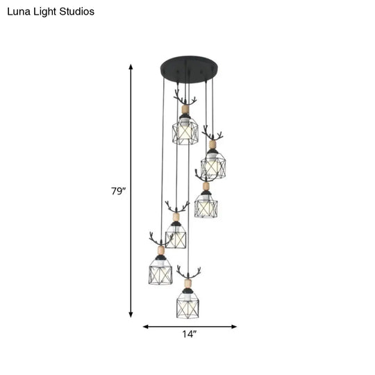 Modernist Black Hexagon Cage Pendant Lamp With Spiral Metal Design