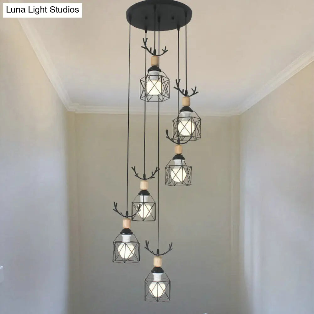 Modernist Black Hexagon Cage Pendant Lamp With Spiral Metal Design 6 / B