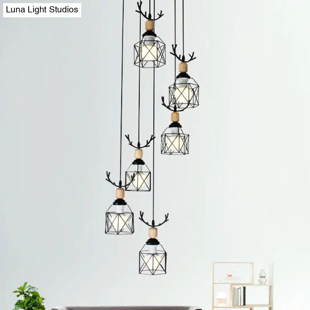 Modernist Black Hexagon Cage Pendant Lamp With Spiral Design - Metal Multiple Hanging Light