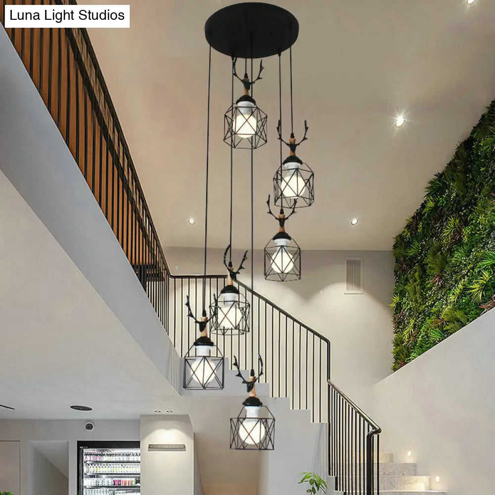 Modernist Black Hexagon Cage Pendant Lamp With Spiral Design - Metal Multiple Hanging Light