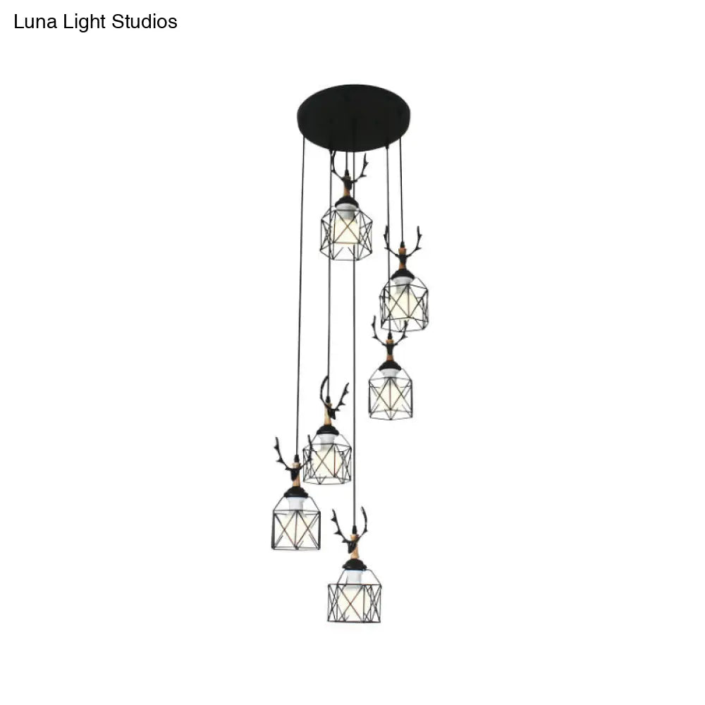 Modernist Black Hexagon Cage Pendant Lamp With Spiral Design - Metal Multiple Hanging Light