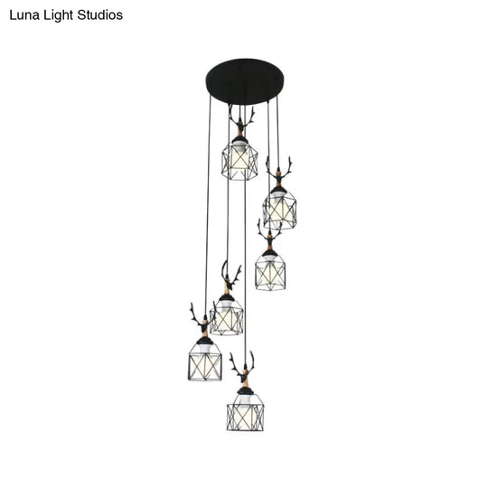 Modernist Black Hexagon Cage Pendant Lamp With Spiral Design - Metal Multiple Hanging Light