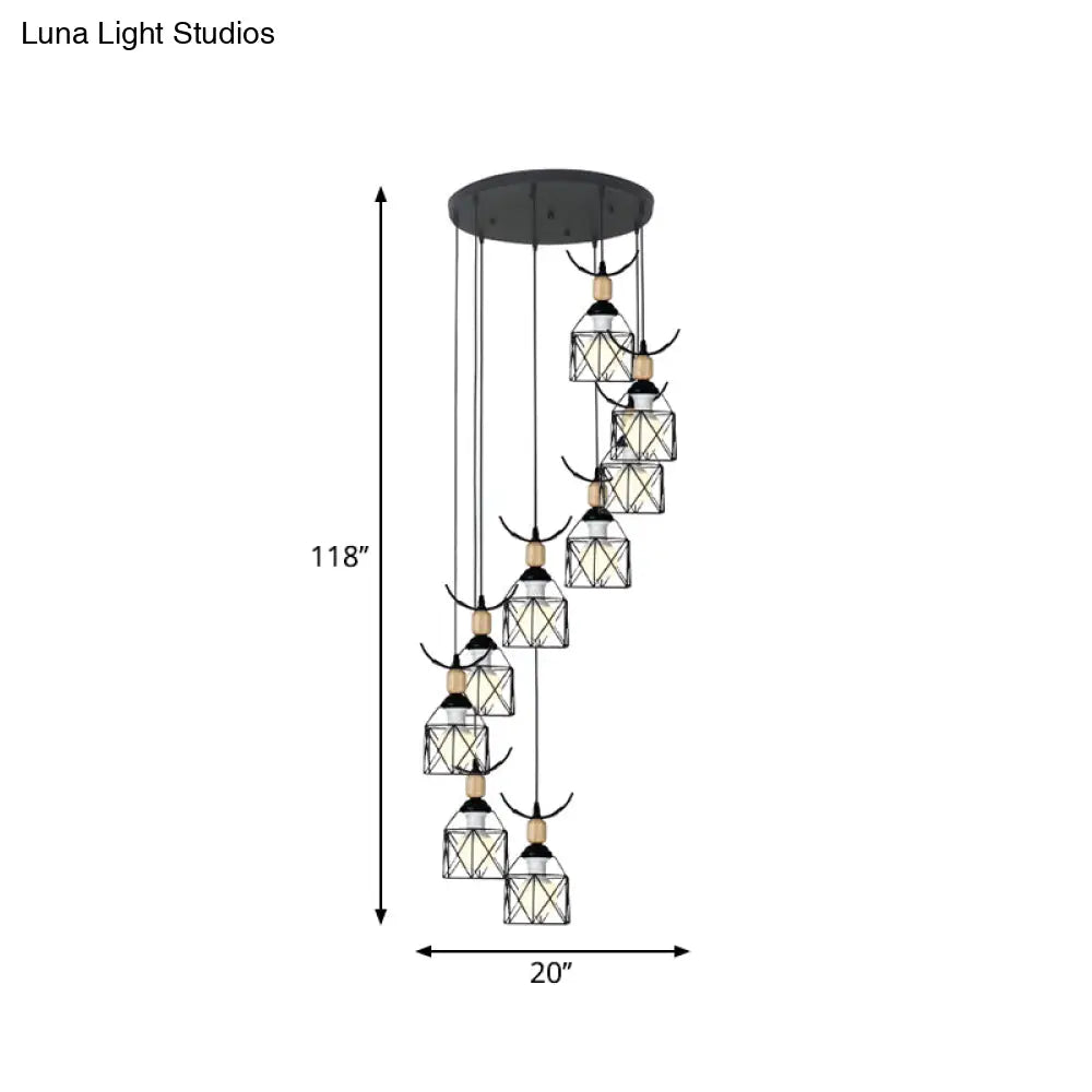 Modernist Black Hexagon Cage Pendant Lamp With Spiral Design - Metal Multiple Hanging Light