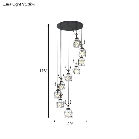 Modernist Black Hexagon Cage Pendant Lamp With Spiral Design - Metal Multiple Hanging Light