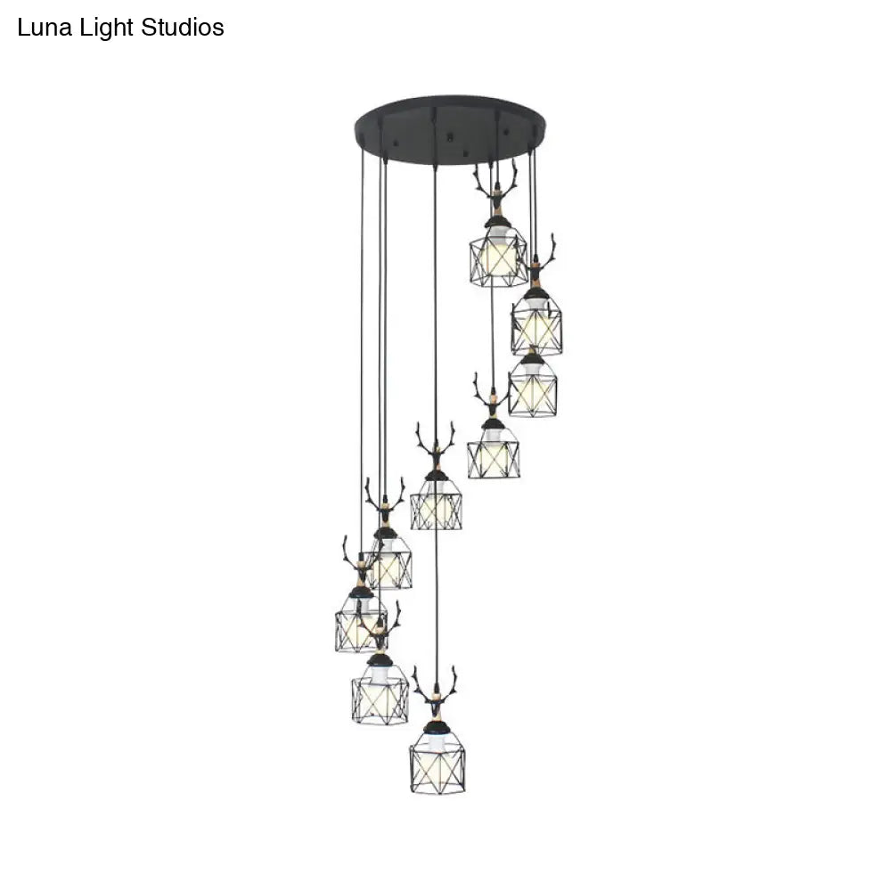 Modernist Black Hexagon Cage Pendant Lamp With Spiral Metal Design