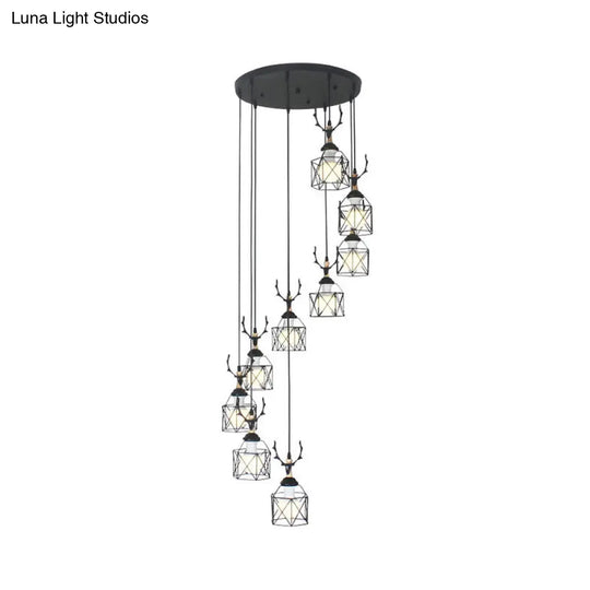 Modernist Black Hexagon Cage Pendant Lamp With Spiral Metal Design