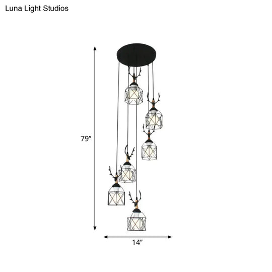 Modernist Black Hexagon Cage Pendant Lamp With Spiral Metal Design