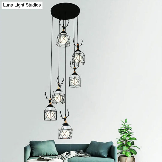 Modernist Black Hexagon Cage Pendant Lamp With Spiral Metal Design 6 / C