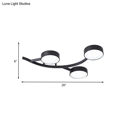 Modernist Black Led Semi - Flush Mount Ceiling Fixture With Metallic Small Drum And Branch Design