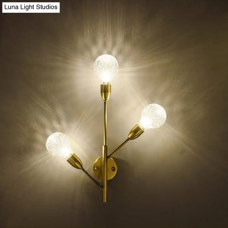 Modernist Brass Armed Sconce Lamp Wall Mount Light Fixure With Prismatic Glass Ball Shade - 3 Bulbs