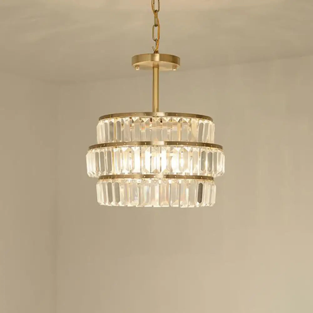 Modernist Brass Layered Ceiling Chandelier With Crystal Suspension - 3 Bulbs Pendant Light