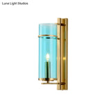 Modernist Brass Wall Lamp With Tubular Cognac/Water Blue Glass Shade - Bedroom Sconce Light Fixture