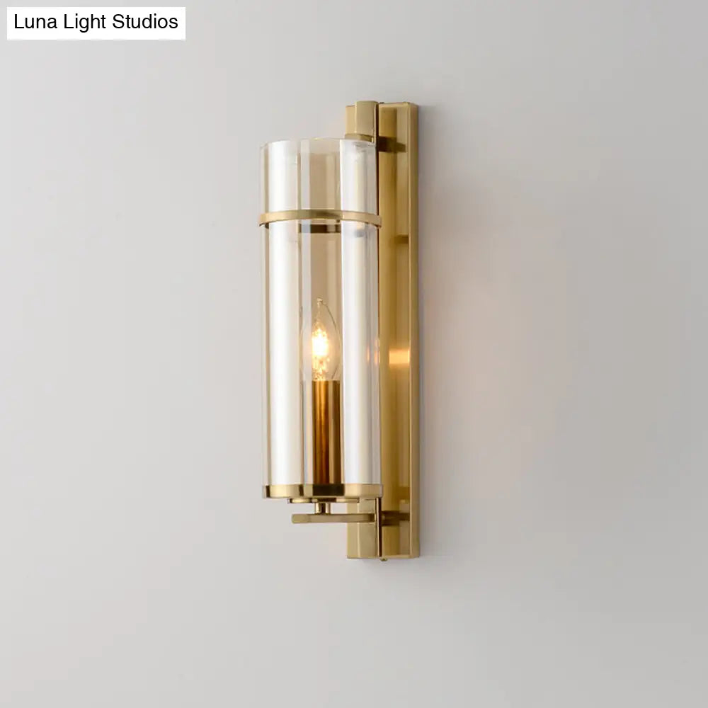 Modernist Brass Wall Lamp With Tubular Cognac/Water Blue Glass Shade - Bedroom Sconce Light Fixture