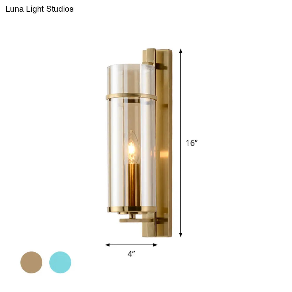Modernist Brass Wall Lamp With Tubular Cognac/Water Blue Glass Shade - Bedroom Sconce Light Fixture