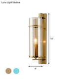 Modernist Brass Wall Lamp With Tubular Cognac/Water Blue Glass Shade - Bedroom Sconce Light Fixture
