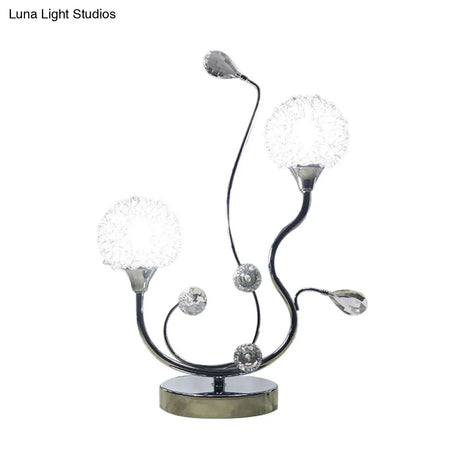 Modernist Chrome Finish Dandelion Nightstand Light: 2-Light Metallic Night Lamp With Crystal Accent