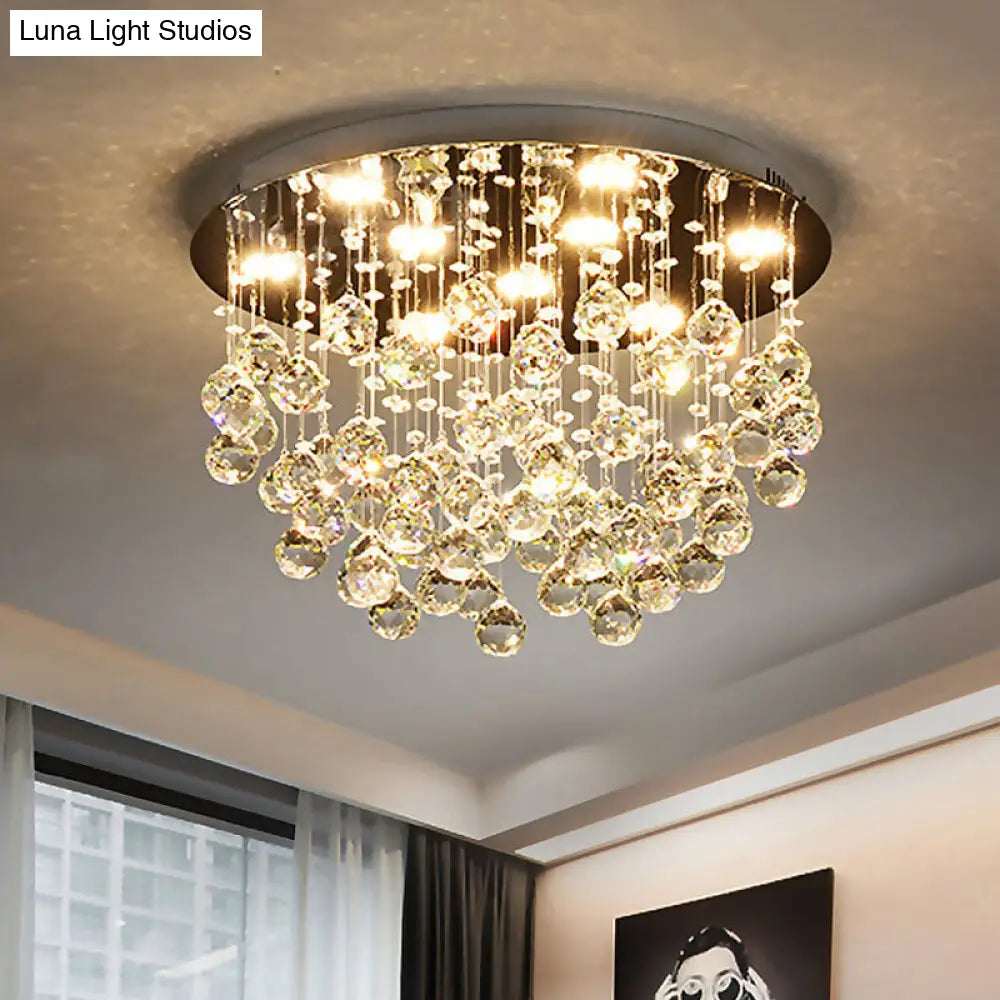 Modernist Chrome Flush Mount Light With 9 Crystal Orbs For Living Room Ceiling