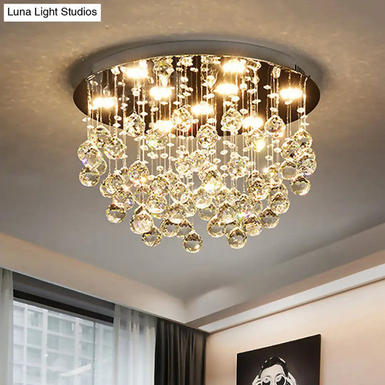 Modernist Chrome Flush Mount Light With 9 Crystal Orbs For Living Room Ceiling