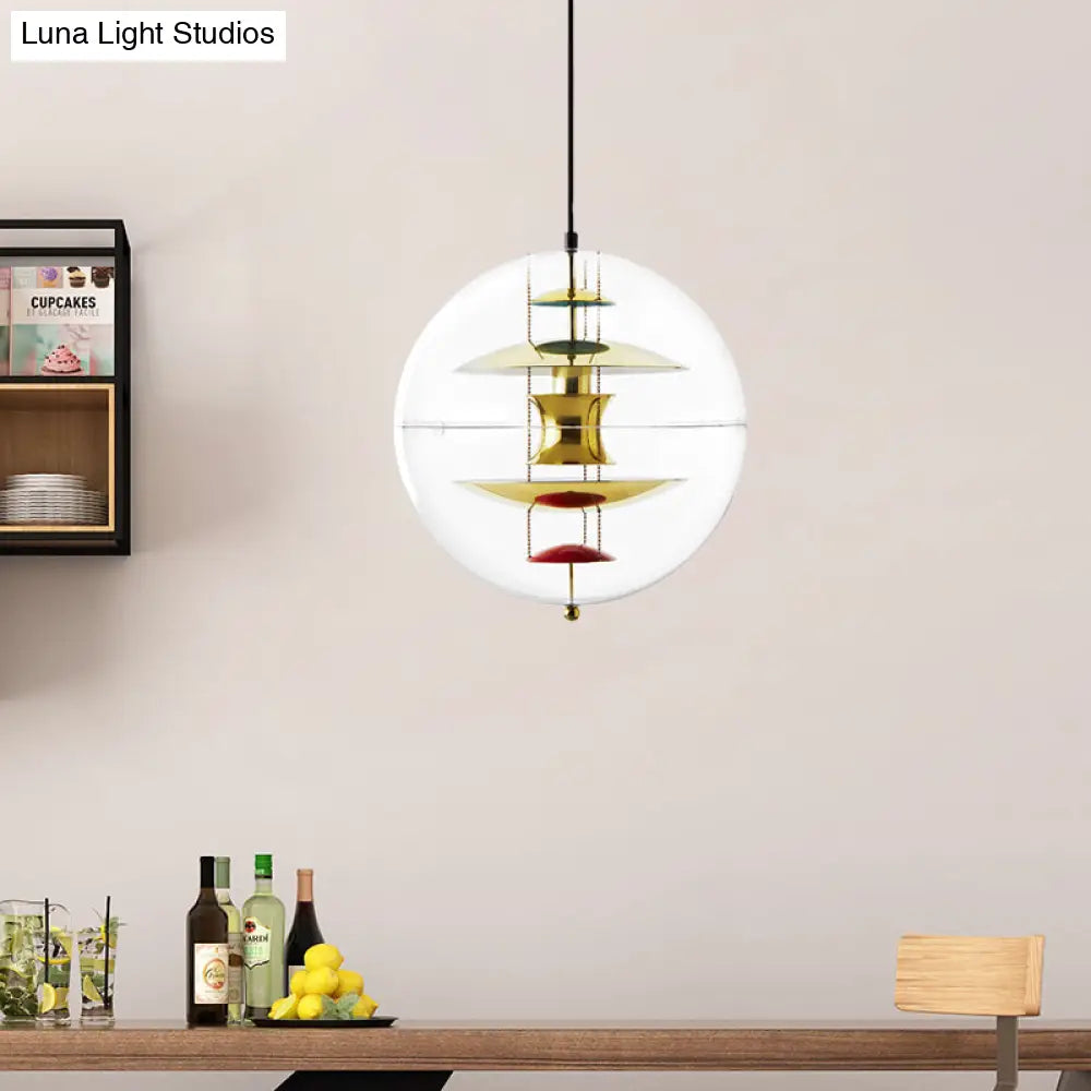 Modernist 1-Head Clear Acrylic Ball Pendant Ceiling Light With Disc Deco - White/Gold/Silver Gold