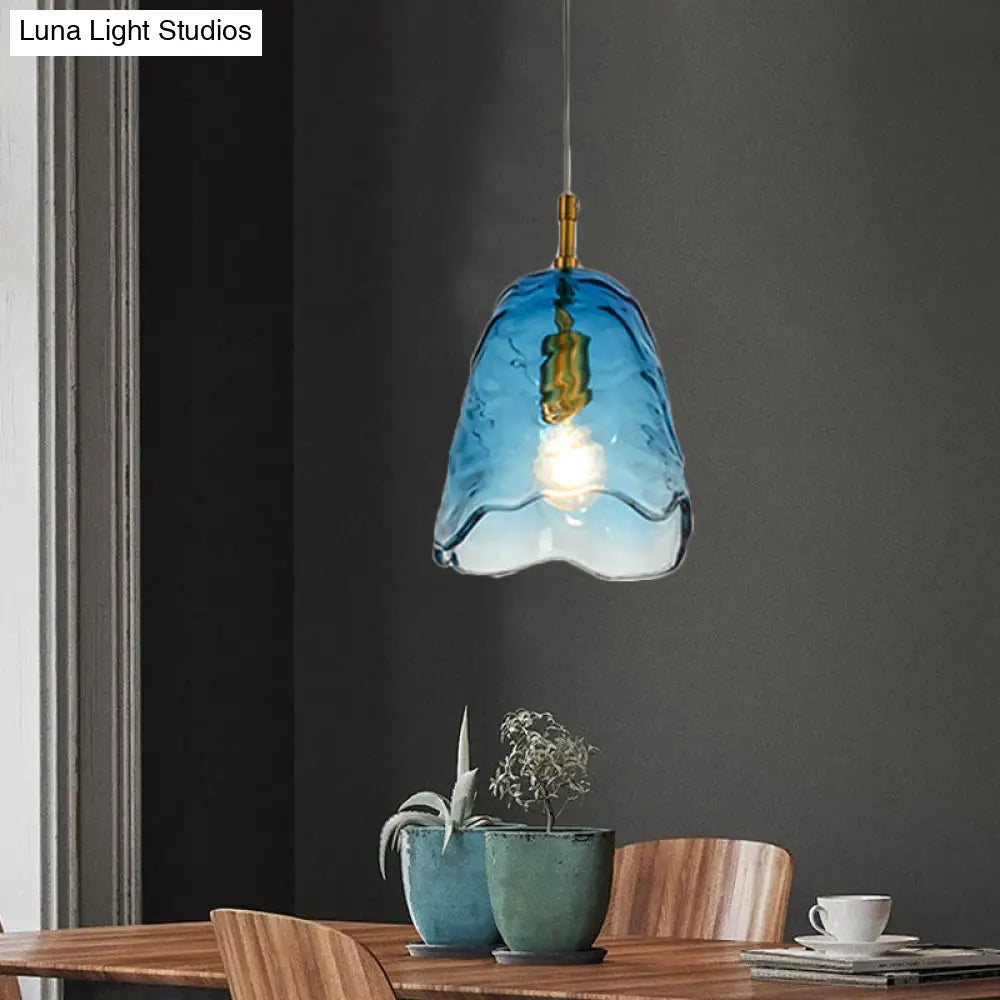 Modernist Clear/Blue Ripple Glass Ceiling Pendant Lamp With Scalloped Design And Brass Finish Blue