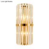 Modernist Clear Crystal Cylinder Wall Lighting Fixture - 2 Lights Golden Sconce Lamp (18/21.5