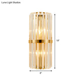 Modernist Clear Crystal Cylinder Wall Lighting Fixture - 2 Lights Golden Sconce Lamp (18/21.5