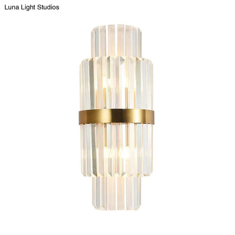 Modernist Clear Crystal Cylinder Wall Lighting Fixture - 2 Lights Golden Sconce Lamp (18/21.5