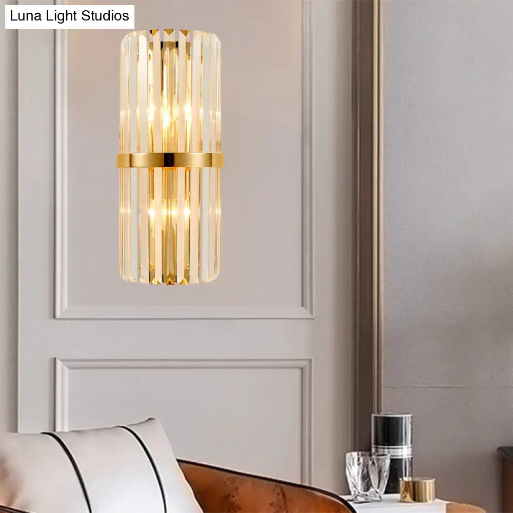Modernist Clear Crystal Cylinder Wall Lighting Fixture - 2 Lights Golden Sconce Lamp (18/21.5