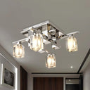 Modernist Clear Glass Flush Ceiling Lamp - Cuboid Semi Light Fixture With 4 Chrome Finish Heads