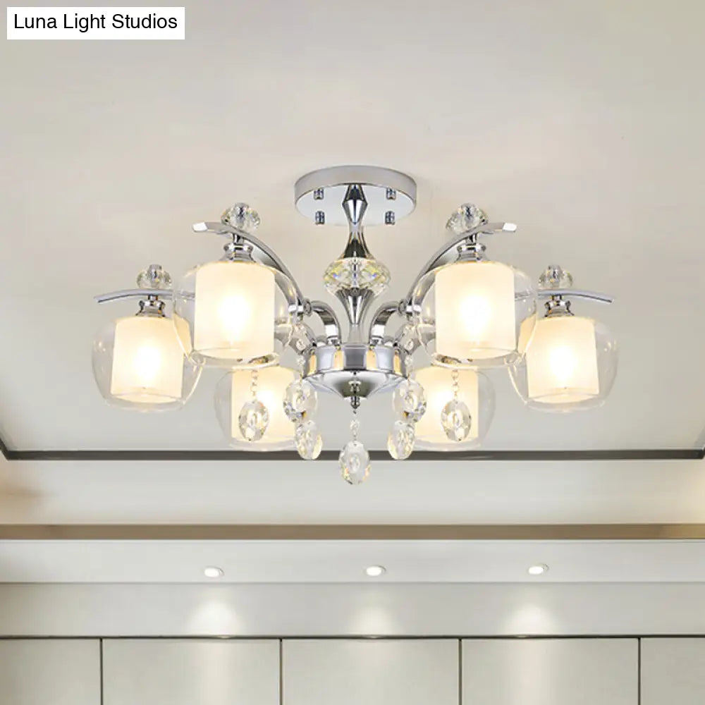 Modernist Clear Glass Sputnik Semi Flushmount - 6 Heads Chrome Flush For Living Room With Crystal