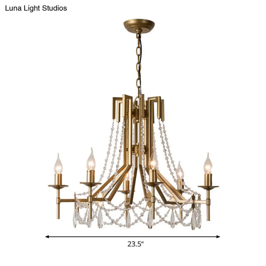 Modernist Crystal Beaded Chandelier Lamp - 6-Head Hanging Light Fixture In Brass With Metal Arm