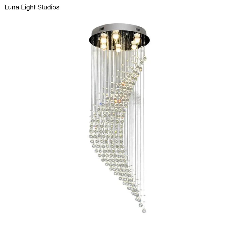 Modernist Crystal Draping Chrome Flush Light With 6 Bulbs - Crescent Shape Ceiling Mount Lamp