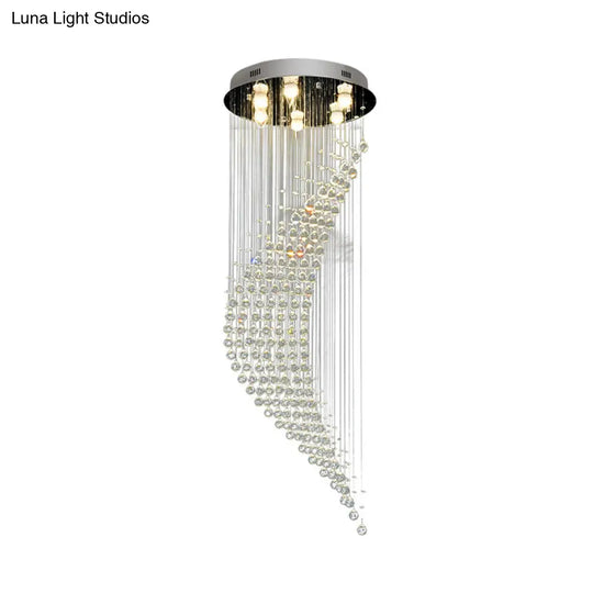 Modernist Crystal Draping Chrome Flush Light With 6 Bulbs - Crescent Shape Ceiling Mount Lamp