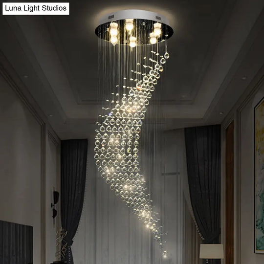 Modernist Crystal Draping Chrome Flush Light With 6 Bulbs - Crescent Shape Ceiling Mount Lamp
