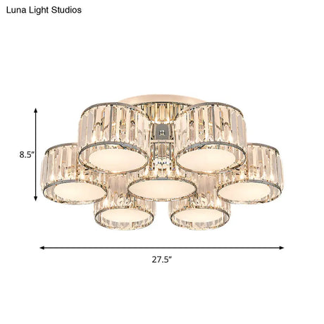 Modernist Crystal Drum Flush Mount Ceiling Lamp In Chrome Finish