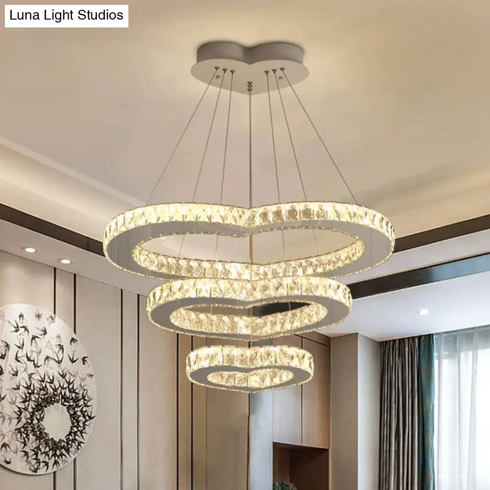 Modern 3-Tier Chrome Chandelier With Crystal Heart Accents And Led Lights